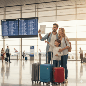 Нотариальное согласие на выезд ребёнка за границу в Шымкенте — семья с ребёнком в аэропорту, документ с печатью нотариуса, чемоданы, безопасная поездка.