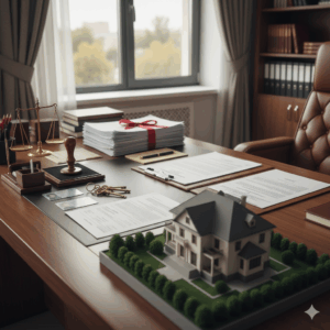 Нотариус в Шымкенте оформляет наследство — документы, печать, удостоверение личности, ключи и макет дома на столе.